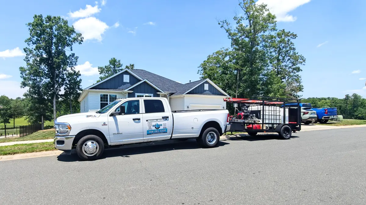 Soft Touch Softwash truck and trailer ready for a commercial cleaning job in Albemarle, NC